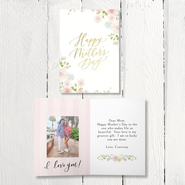 Elegante coche de saludo de Relieve metalizado del (Elegant Floral Golf Foil Mother's Day Card | Editable Design with place to put a photo of you + mom!)
