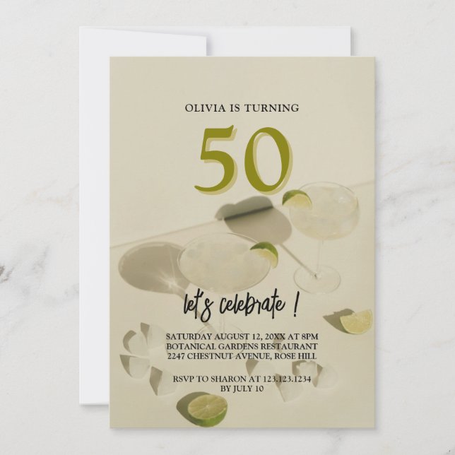 Elegante cóctel moderno invitación a los 50 años (Anverso)