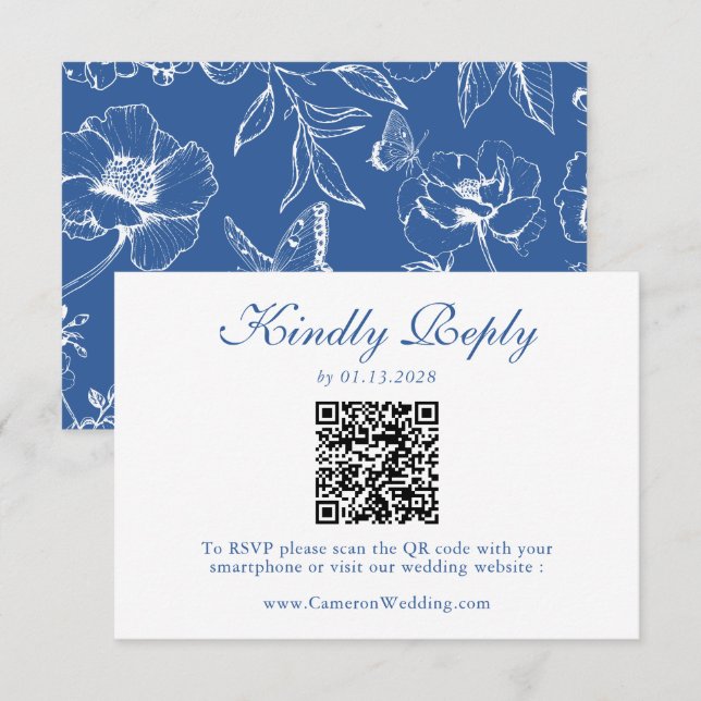 Elegante código QR floral azul real RSVP boda  (Anverso / Reverso)