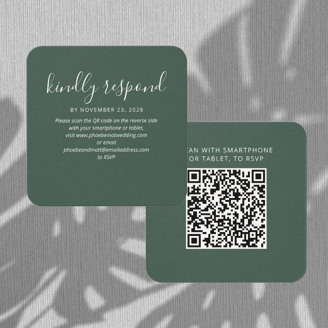 Elegante código QR RSVP y tarjeta web Boda (Wedding RSVP QR Code Enclosure Rounded Corner Green Card)