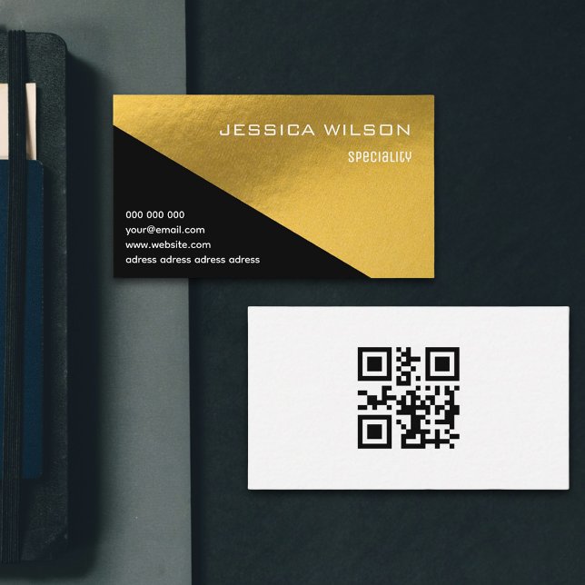 Elegante código QR tarjeta de Relieve metalizado d (Black and gold foil design for stylish business card)