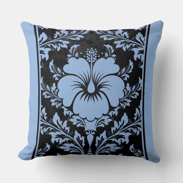 Elegante Cojín decorativo damasco azul y negro (Anverso)