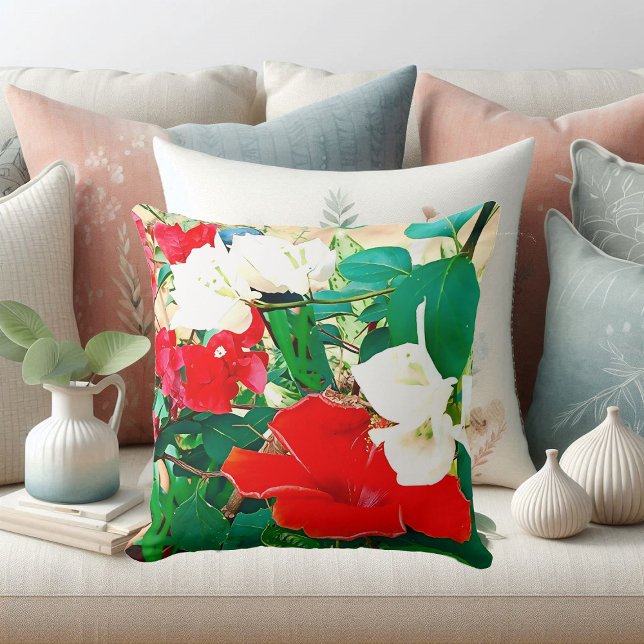 Elegante Cojín decorativo de arte de hibiscus Wate (Elegant Red Hibiscus Tropical Flower Watercolor Throw Pillow)
