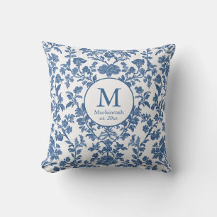 Elegante Cojín decorativo de Monograma Blue Toile