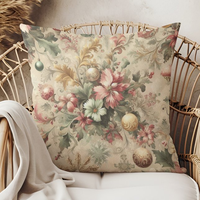Elegante Cojín decorativo de Navidades florales de (Vintage Elegant Floral Christmas Throw Pillow in a boho rattan armchair.)