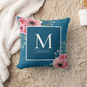 Elegante Cojín decorativo floral monograma océano