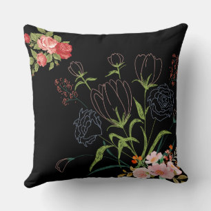 Elegante Cojín decorativo floral negro - almohada 