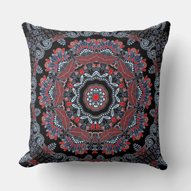 Elegante Cojín decorativo Gris y Red Mandala (Anverso)