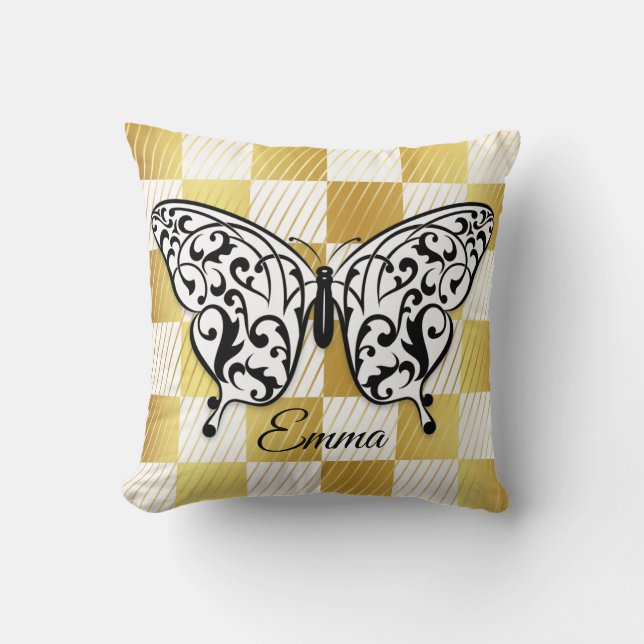 Elegante Cojín decorativo mariposa negro (Anverso)