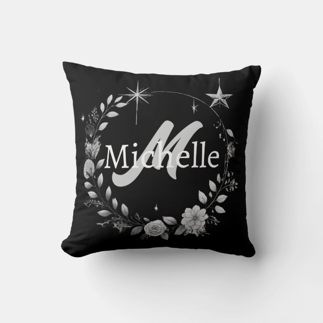 Elegante Cojín decorativo Monograma Plata Negro (Anverso)