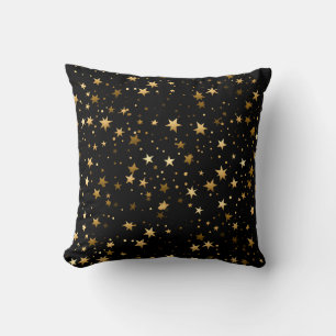 Elegante Cojín decorativo negro con estrellas dora