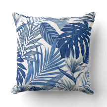 Elegante cojín decorativo tropical azul blanco