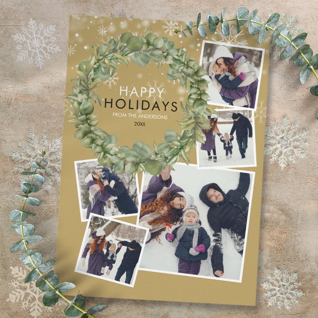 Elegante Colage de 5 Fotos de Navidad en Oro con V (Elegant Gold Christmas 5 Photo Collage Greenery Holiday Card)