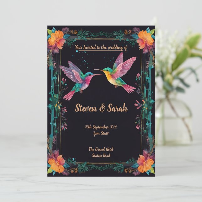 Elegante Colibrí y Boda Floral Invitación (Anverso de pie)