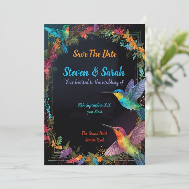 Elegante Colibrí y Boda Floral Invitación (Anverso de pie)