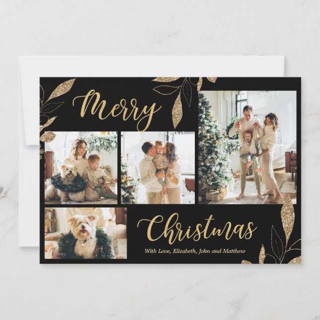 Elegante Collage de Navidad en Dorado con 4 Fotos  (Anverso)