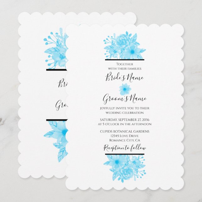 Elegante color azul acuarela Invitaciones a la bod (Anverso / Reverso)