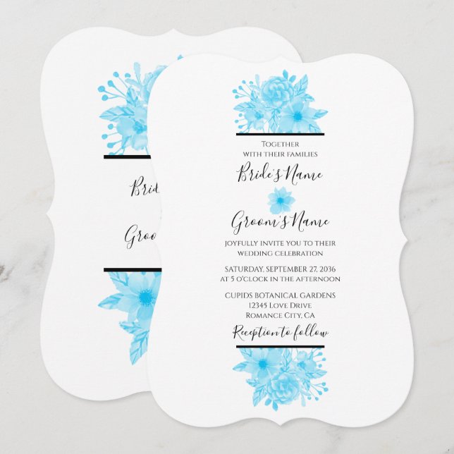 Elegante color azul acuarela Invitaciones a la bod (Anverso / Reverso)