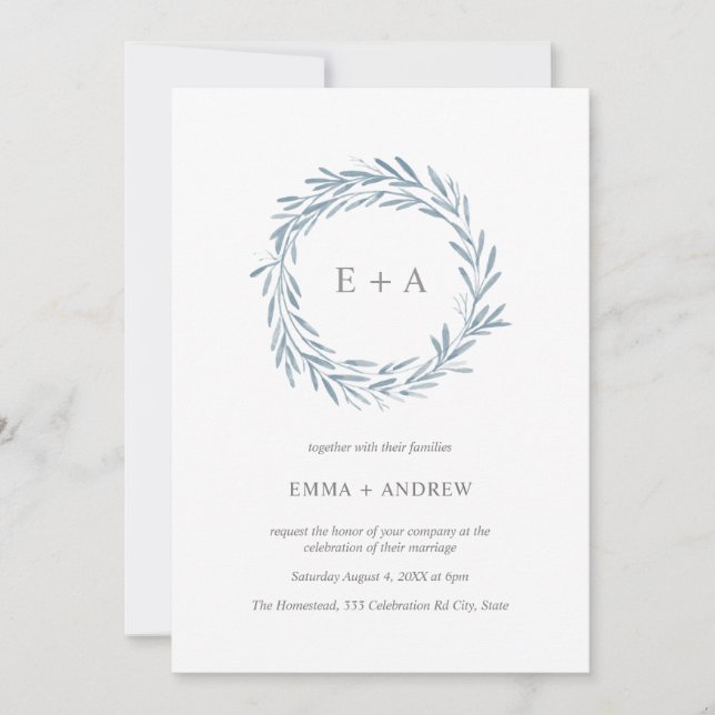 Elegante color de agua azul Wreath Wedding Invitac (Anverso)