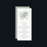 Elegante color de agua Foliage Gold Sage Menú Boda<br><div class="desc">Un elegante ramo de foliaje acuático se encuentra en la parte superior de color verde sabio y oro con el texto debajo del cual se puede personalizar fácilmente. En la parte posterior hay un fondo verde sabio que sirve de coordinación. También puede cambiar el estilo de letra y los colores...</div>