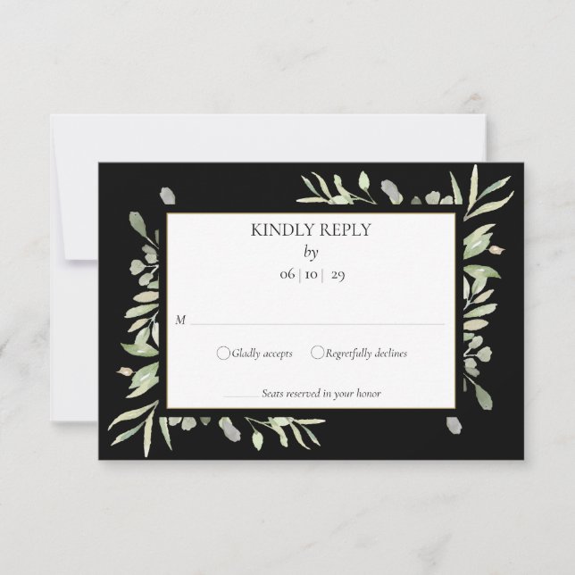 Elegante color de agua verde deja tarjeta RSVP (Anverso)