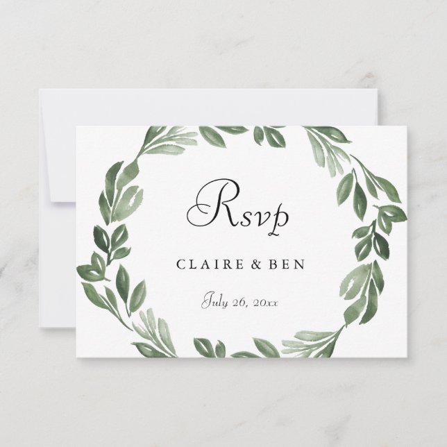 Elegante color de agua verde Wreath Wedding RSVP (Anverso)