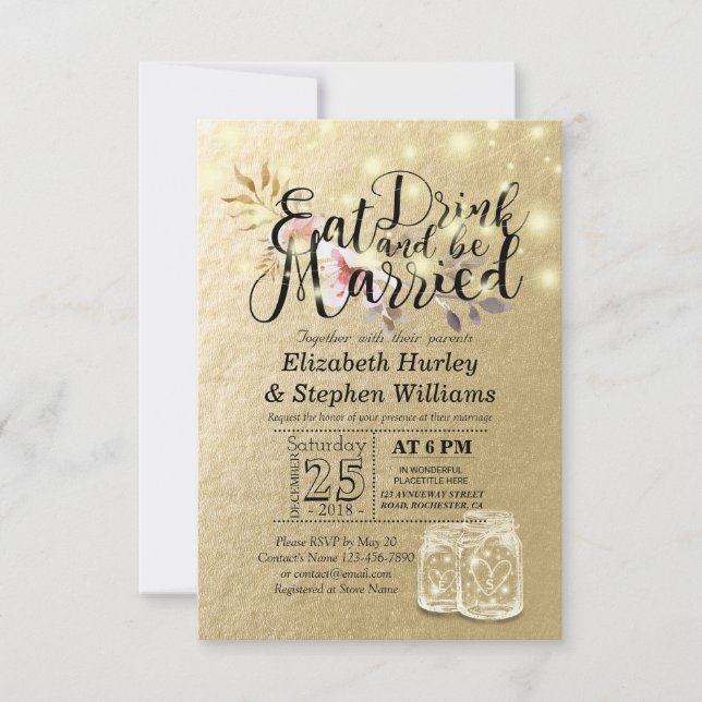 Elegante Comer Bebida y Casarse Invitaciones a la  (Anverso)