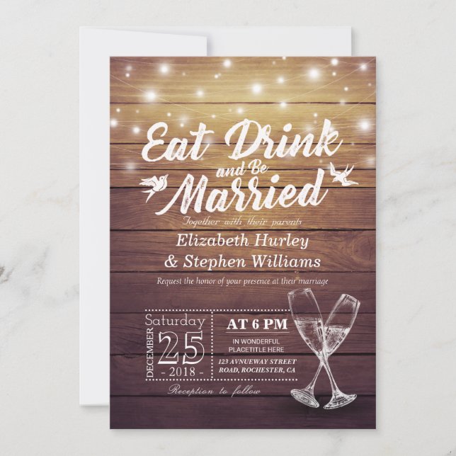Elegante Comer Bebida y Casarse Invitaciones a la  (Anverso)