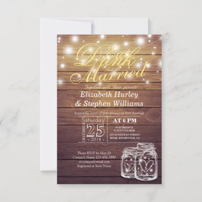 Elegante Comer Bebida y Casarse Invitaciones a la  (Anverso)