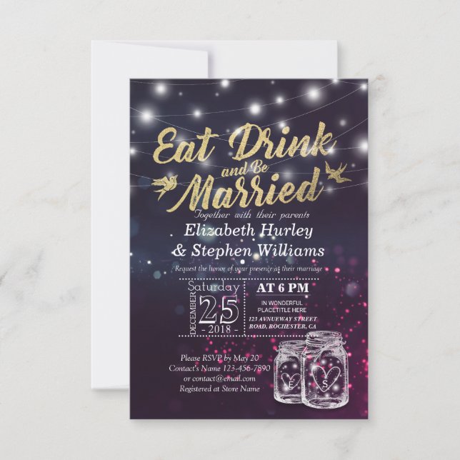 Elegante Comer Bebida y Casarse Invitaciones a la  (Anverso)
