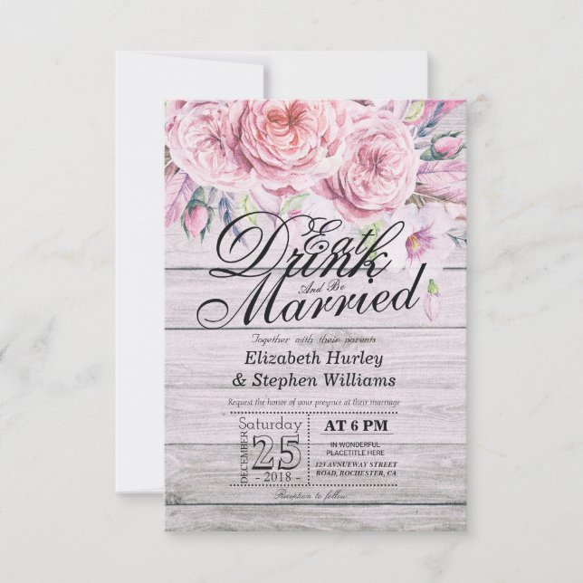 Elegante Comer Bebida y Casarse Invitaciones a la  (Anverso)