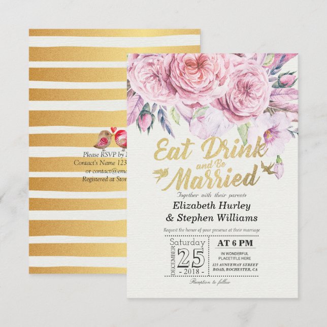 Elegante Comer Bebida y Casarse Invitaciones a la  (Anverso / Reverso)
