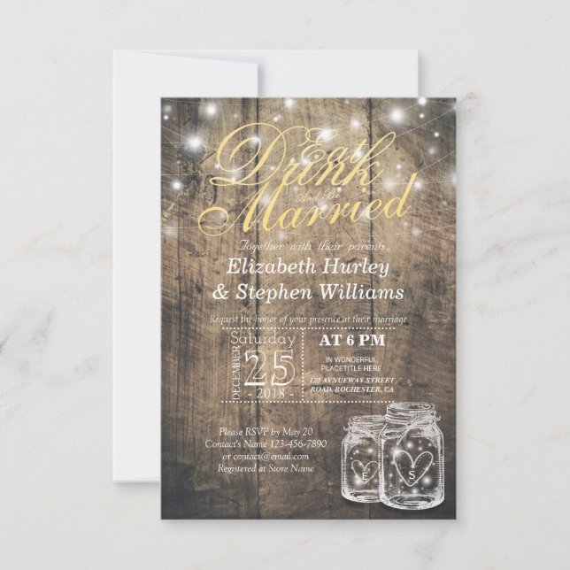 Elegante Comer Bebida y Casarse Invitaciones a la  (Anverso)