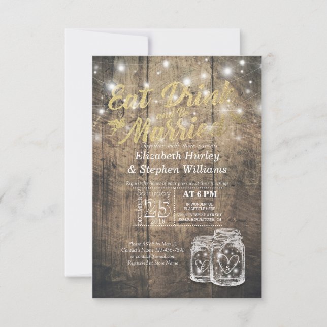 Elegante Comer Bebida y Casarse Invitaciones a la  (Anverso)