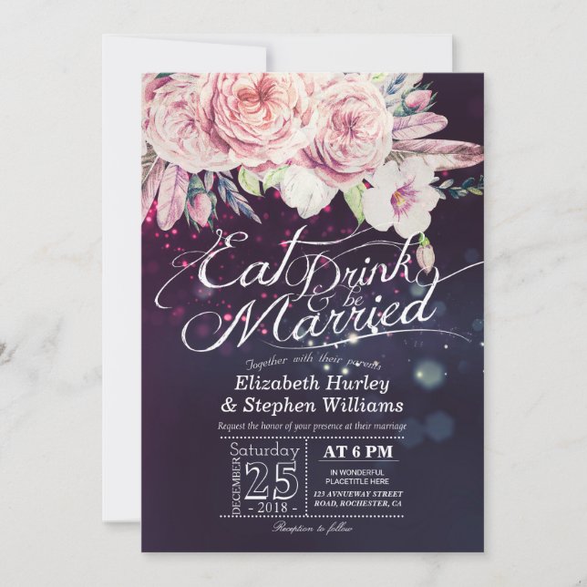 Elegante Comer Bebida y Casarse Invitaciones a la  (Anverso)