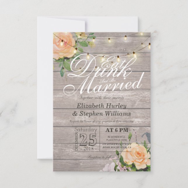 Elegante Comer Bebida y Casarse Invitaciones a la  (Anverso)