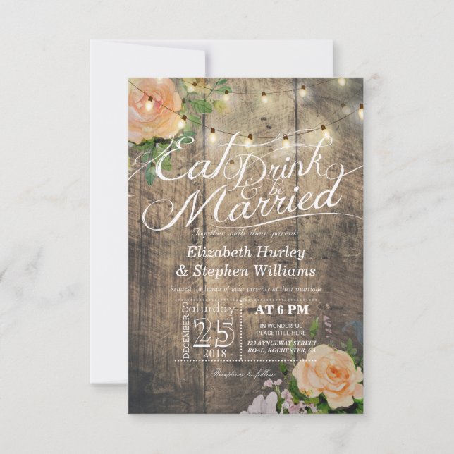 Elegante Comer Bebida y Casarse Invitaciones a la  (Anverso)
