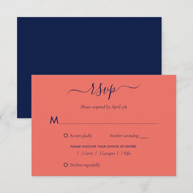 Elegante comida con tarjeta RSVP de Boda Azul y Co (Anverso / Reverso)