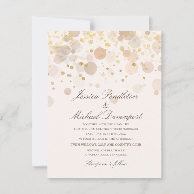 Elegante Confeti de Oro Tarjeta de Boda con Letra  (Anverso)