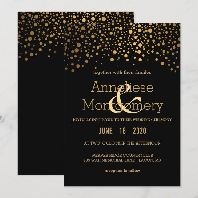 Elegante Confeti de oro y invitación a la boda neg (Anverso / Reverso)