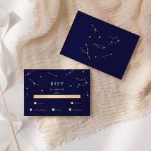 Elegante constelación azul y dorada RSVP de boda