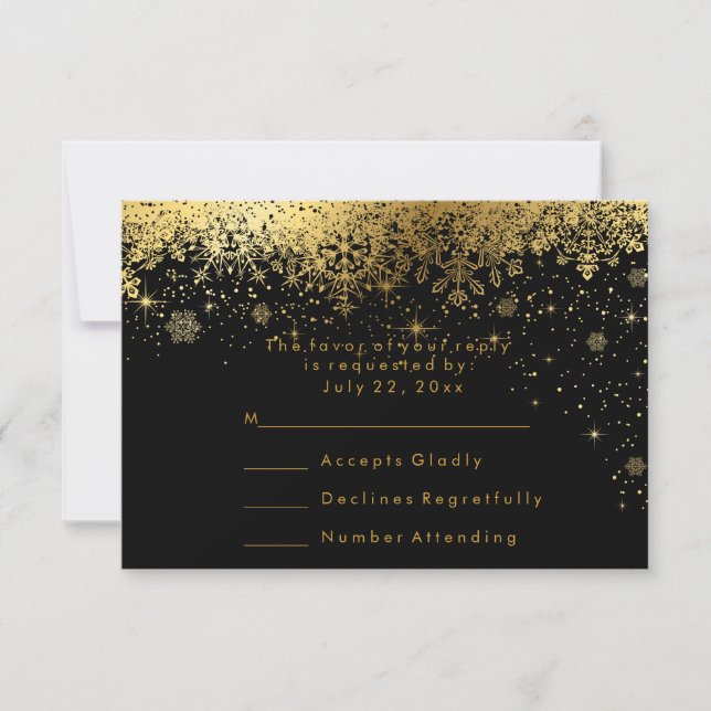 Elegante copos de nieve negro y dorado - RSVP (Anverso)
