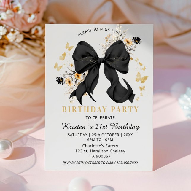 Elegante Coqueta Invitación de Flores Silvestres c (Elegant Black and Gold Birthday invitation card)