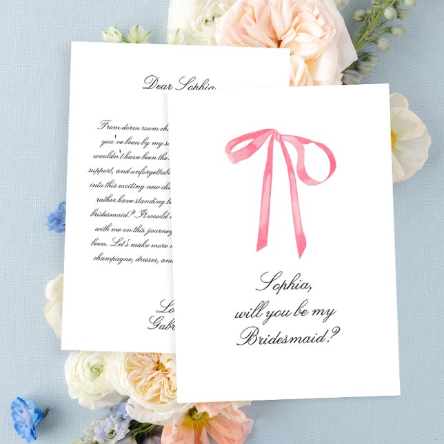 Elegante Coquette Cinta Rosa Bow Tarjeta de dama d (Elegant Pink Ribbon Bridesmaid card)