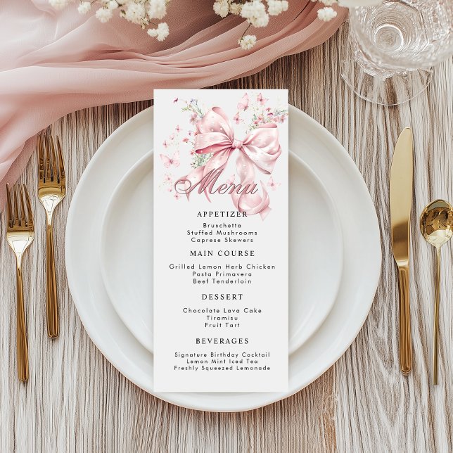 Elegante Coquette rosa Bow Pearls Carta de menú (Pink Bow Pearls Menu Card)