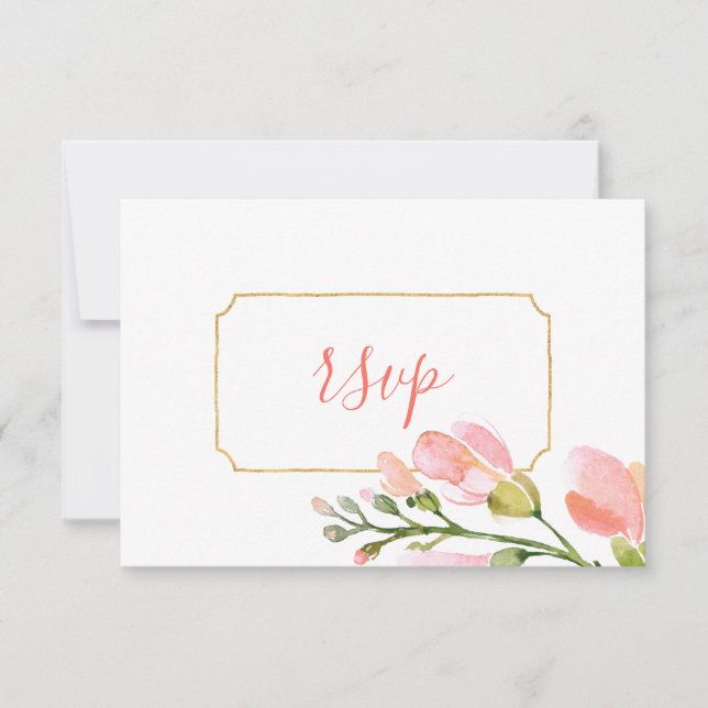 Elegante Coral Floral Gold Geométrico RSVP (Anverso)