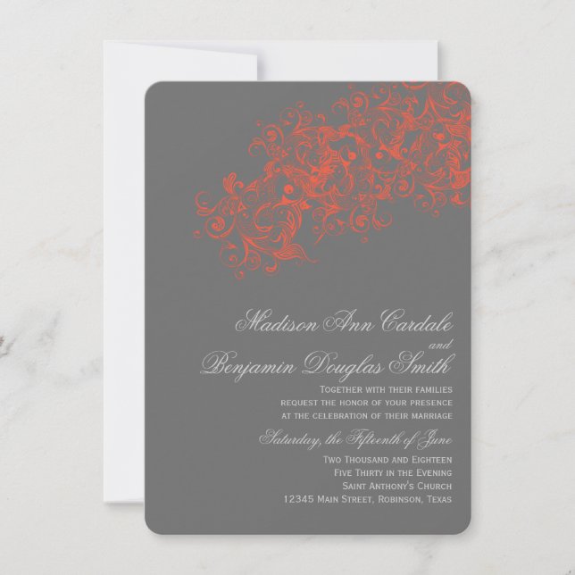 Elegante Coral Gris Invitaciones a Bodas Florecien (Anverso)