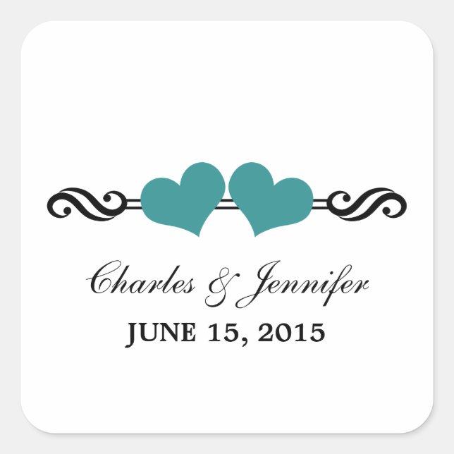 Elegante corazón pegatinas de boda, Verde azulado (Anverso)