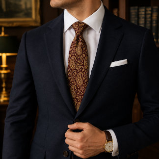 Elegante corbata de cachemira borgoña y dorada