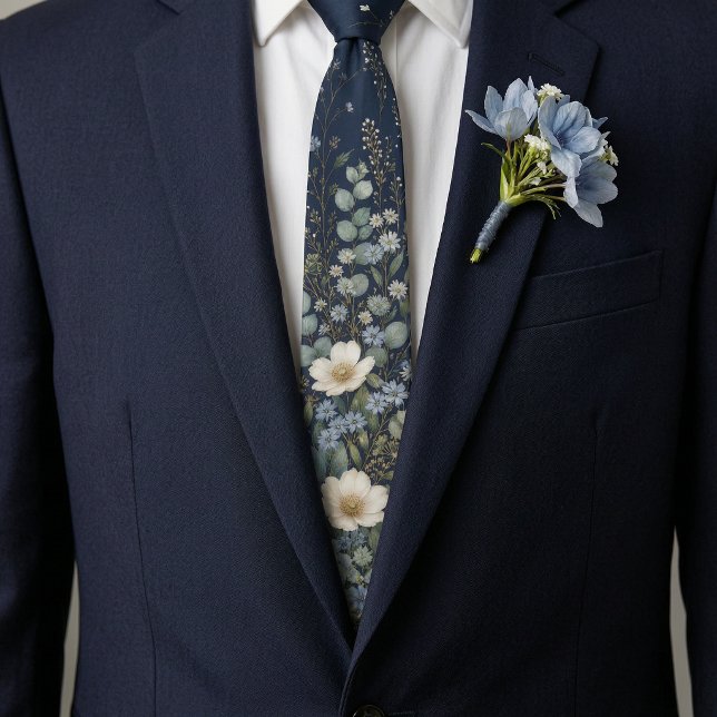 Elegante corbata de flores silvestres azul marino  (Elegant Navy Blue & Gold Floral Wildflower Men's Neck Tie)